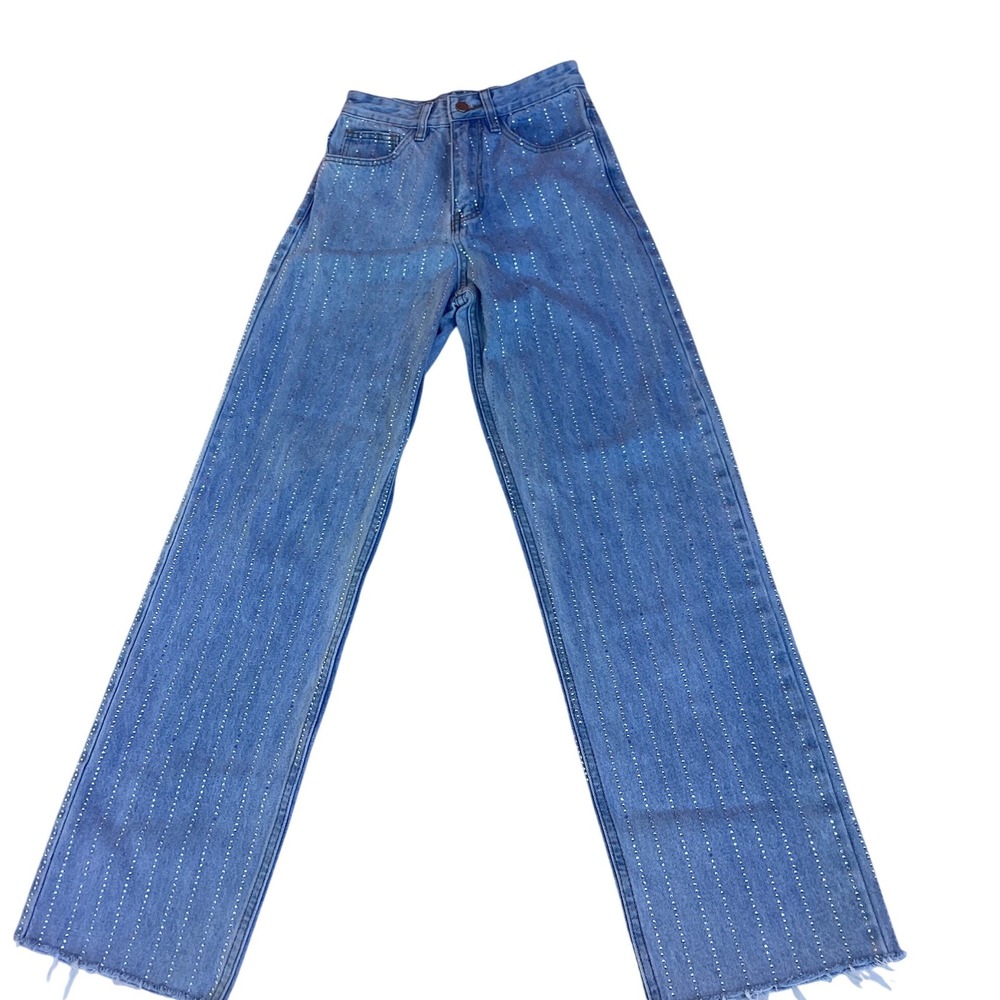 Miss‎ Love Rhinestone Wide Leg Jeans Blue Denim High Waist Frayed Hem Size S